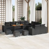 Set canapea gradina Gossi 14 piese cu perne negru poliratan acacia, set dining gradina Gossi 4 piese cu perne negru poliratan acacia