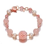 Cumpara ieftin Brățară Perle Cultură, Opal &amp; Cuarț Roz, Argint 925 placat Aur Roz, Ajustabilă 18-23cm. Bijuterie Handmade Made in Italy