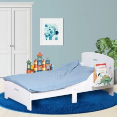 Pat Copii cu Protectie Laterala si Raft Depozitare Carti si Jucarii, Model Dinozaur, Patut pentru Baieti si Fetite Varsta de 3 - 8 Ani, Mobilier din L