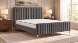 Cumpara ieftin Pat Melissa 160x200 cm Tapitat Catifea Gri Somiera Inclusa Picioare Aurii