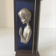 * Figurina religioasa din cositor, pe suport lemn, lucrata manual, Italia, 13cm