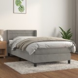 Gossi pat box spring cu saltea, gri deschis, 90x190 cm, catifea