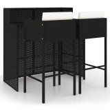 Set mobilier bar de gradina cu perne, 3 piese, negru, poliratan