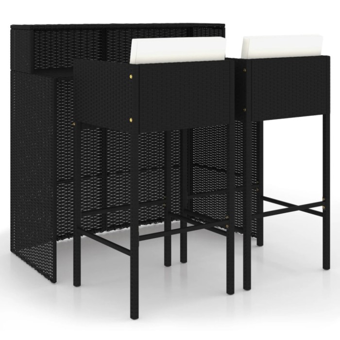Set mobilier bar de gradina cu perne, 3 piese, negru, poliratan