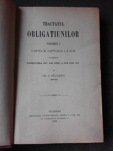 Tractatul Obligatiunilor - Gr.G. Peucescu Vol.I, Cartea III, Capitolul I, II si III