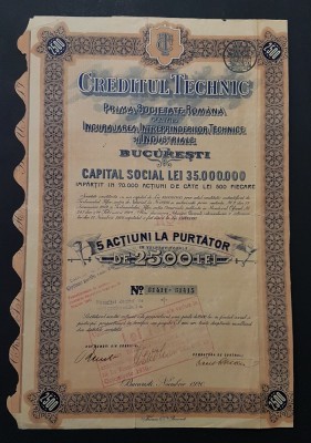 Actiune 1920 banca CREDITUL TECHNIC , titlu 5 actiuni la purtator , tehnic foto