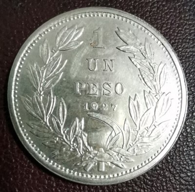 SV * Chile UN PESO 1927 * ARGINT .900 * STEMA DE STAT - CONDORUL * AUNC+ foto