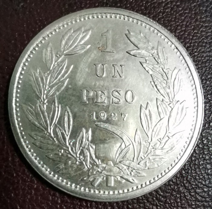 SV * Chile UN PESO 1927 * ARGINT .900 * STEMA DE STAT - CONDORUL * AUNC+