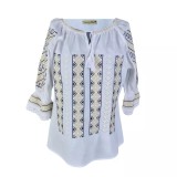 Cumpara ieftin Bluza Tip Ie Traditionala Alba cu Motiv Geometric Auriu de Dama - IMS160