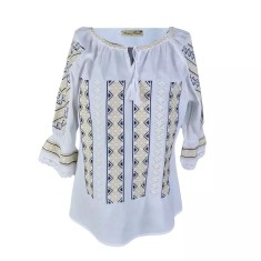 Bluza Tip Ie Traditionala Alba cu Motiv Geometric Auriu de Dama - IMS160