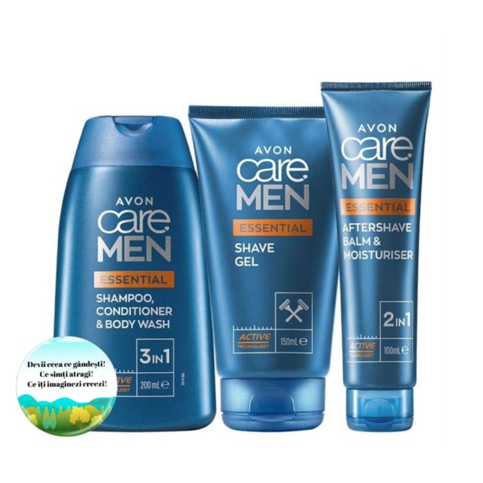 Set de ingrijire pentru barbati Avon Care Men (sampon 3 in 1 200 ml, gel de ras 150 ml, balsam 100 ml), insotit de insigna Dactylion cu mesaj motivati