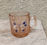 Pahar vintage din sticla roz, pink glass cu model floral