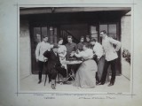 Fotografie mare pe carton, Lt. Manu , Lt. Odobescu , Lt. Florascu, Kalinderu la Campina in 1896, la un joc de carti