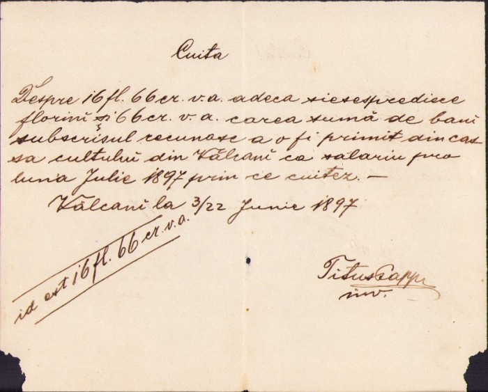 A2552N Chitanță olografă salariu &icirc;nvățător rom&acirc;n Vălcani Timiș 1897