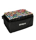 Set 204 markere, 2 capete subtire si gros, cu geanta de depozitare si suport din plastic, multicolore