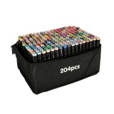 Set 204 markere, 2 capete subtire si gros, cu geanta de depozitare si suport din plastic, multicolore