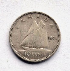 Canada 10 Cents 1949 km # 43 moneda din argint AG . 800