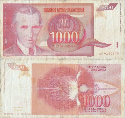 1992 , 1,000 dinara ( P-114 ) - Iugoslavia foto