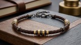Cumpara ieftin Bratara din Piele Impletita Maro si Argint 925 cu Inele Aurii si Oxidate