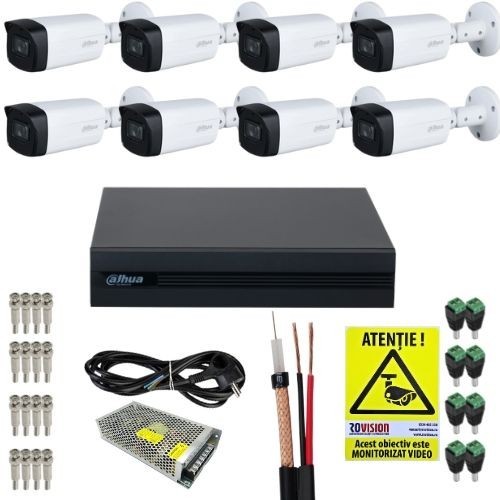Kit supraveghere Dahua 8 camere 2MP IR 40m Lentila 2.8mm IP67, DVR 8 canale 1080N/720p, Accesorii montaj + Autocolant Rovision SafetyGuard Surveillanc