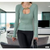 Bluza tricotata striata, verde, cu accesoriu metalic auriu
