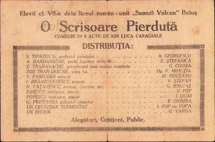 A251 Program O scrisoare pierdută, 1945, Liceul Samuil Vulcan, Beiuș
