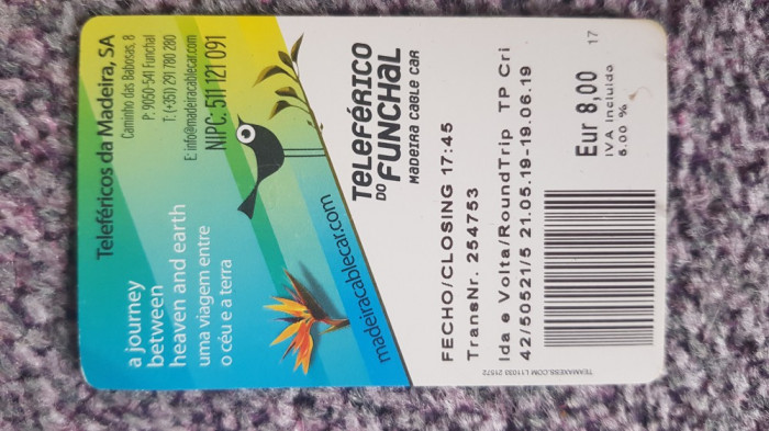 Pentru colectionari, 3 bilete de intrare folosite la Teleferic Funchal, 2019