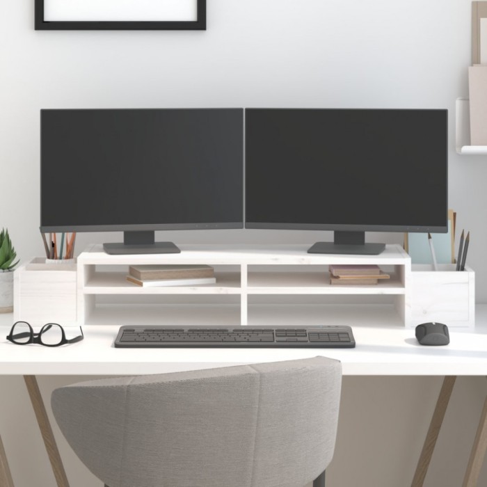 Suport pentru monitor, alb, 100x27,5x15 cm, lemn masiv pin