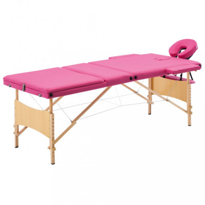 Masă de masaj pliabilă, 3 zone, roz, lemn foto