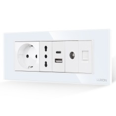 Priza Schuko + Ingusta + Dubla USB + TV + Internet cu Rama Din Sticla LUXION, Standard Italian, 6M SmartElectro IntelligentHouse