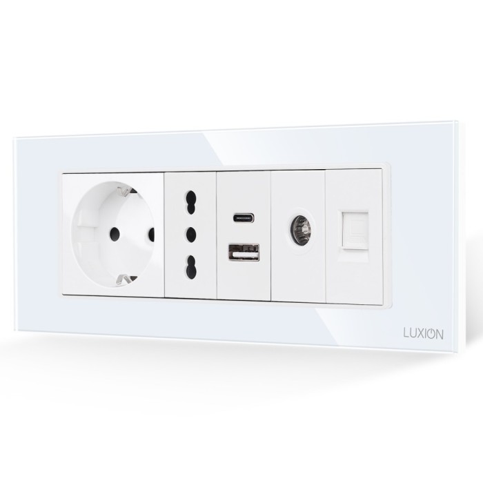 Priza Schuko + Ingusta + Dubla USB + TV + Internet cu Rama Din Sticla LUXION, Standard Italian, 6M SmartElectro IntelligentHouse