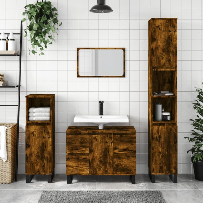 Gossi dulap pentru baie, stejar fumuriu, 80x33x60 cm, lemn compozit