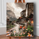 Set pictura pe numere (panza) Oras din Elvetia 50x40 cm, Jad