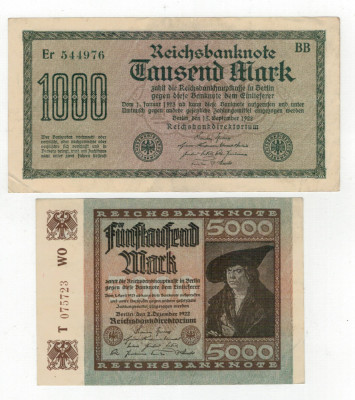 Bancnote de colectie Germania -1000 , 5000 Marci 1922 foto