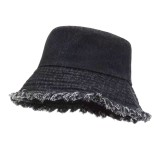 Palarie Tip Bucket Unisex din Denim, Bor Larg cu Tiv Brut, Retro Casual - Negru