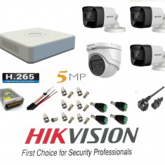 Sistem supraveghere video Hikvision 4 camere 5MP, 3 exterior Turbo HD IR 80 M 1 interior IR 20m cu full accesorii SafetyGuard Surveillance