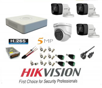 Sistem supraveghere video Hikvision 4 camere 5MP 3 exterior Turbo HD IR 80M 1 interior IR 20m DVR 4 canale cu full accesorii SafetyGuard Surveillance foto
