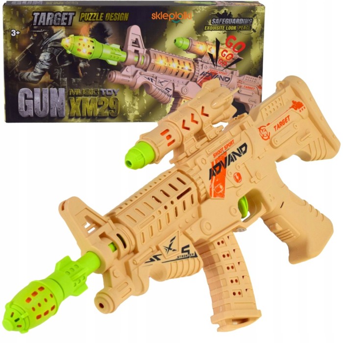 Pușcă mare de jucărie cu efecte luminoase și sonore, vibrații și țeavă luminoasă.