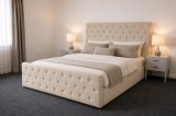 Pat Bravo 160x200 cm Lada Depozitare Tapitat Catifea Bej Somiera Inclusa (cod G15-01)