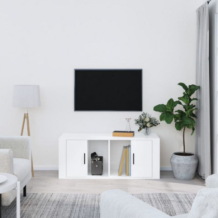 Comoda TV, alb extralucios, 100x35x40 cm, lemn prelucrat GartenMobel Dekor