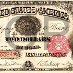 2 dolari 1891 Reproducere Bancnota USD , Dimensiune reala 1:1