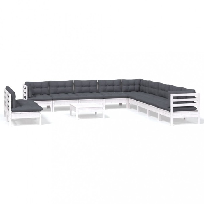 Set mobilier gradina cu perne, 12 piese, alb, lemn masiv pin
