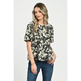 Bluza Dama, Peplum, din Viscoza, Crem cu Negru si model Floral - L
