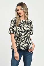 Bluza Dama, Peplum, din Viscoza, Crem cu Negru si model Floral - M