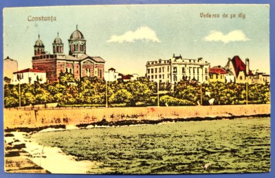 Constanta - Vedere de pe dig - Catedrala 1925 - printata, circulata, timbre foto