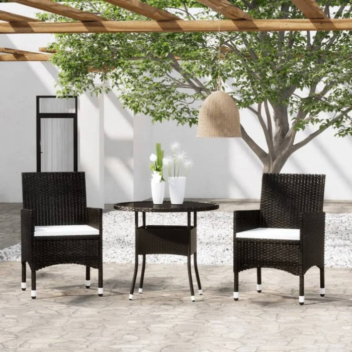 Set mobilier bistro gradina 3 piese, negru, poliratan si sticla GartenMobel Dekor