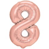 Balon din folie metalizata flippy, figurina cifra, tema aniversare 40 cm, ambalaj individual, pai inclus, umflare cu aer sau heliu, rose gold, cifra 8