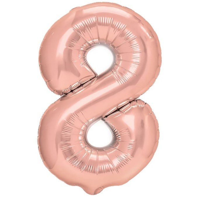 Balon din folie metalizata flippy, figurina cifra, tema aniversare 40 cm, ambalaj individual, pai inclus, umflare cu aer sau heliu, rose gold, cifra 8
