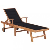 Șezlong vidaXL Lemn de Tec Negru cu Pernă, 195cm, Spătar Reglabil, Mobilier Grădină Exterior Rustic, Rezistent la Intemperii