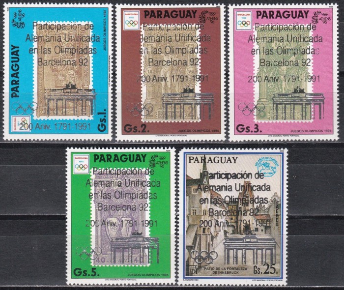 Paraguay 1991-J.O.Barcelona cu Germania Unita, Supratipar, Serie+Bloc,4 poze,MNH